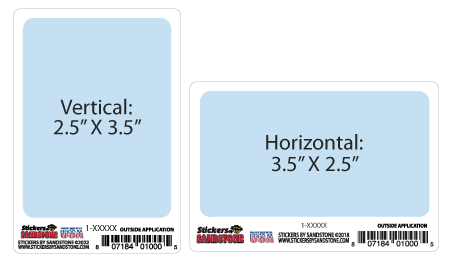 Vertical and horizontal kiss cut sticker examples next to each other labeled 2.5" x 3.5"