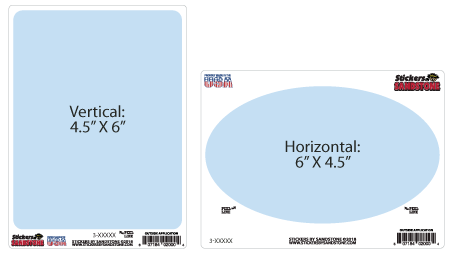 Vertical and horizontal kiss cut sticker examples next to each other labeled 4.5" x 6"