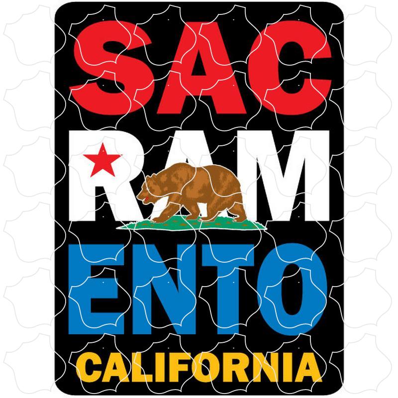 Sacramento California Stacked Lettering, SAC RAM ENTO Red Whit and Blue