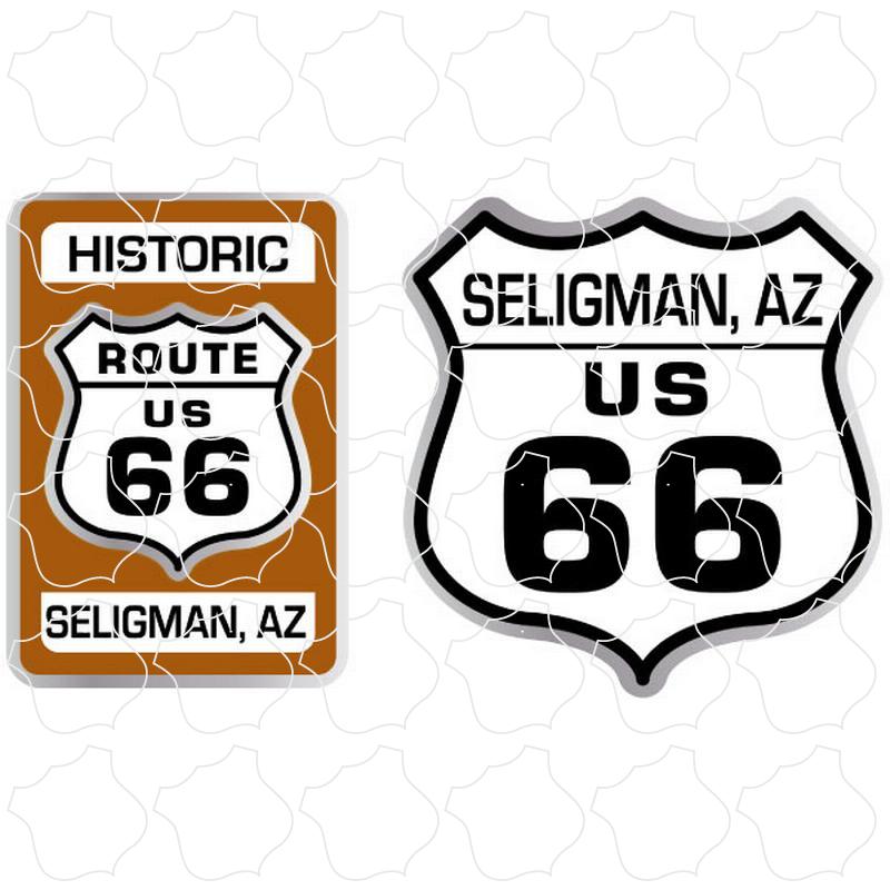 Seligman, AZ Historic Brown Sign & Black White Shield 2 Up Sticker Sheet