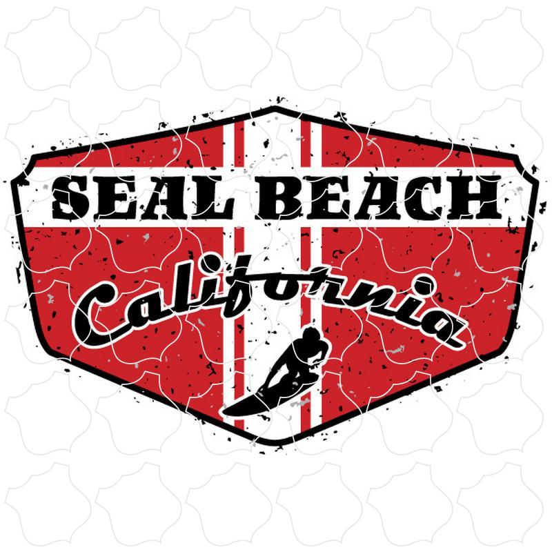 Red Distressed Surfer Shield Seal Beach, CA Red Distressed Surfer Shield