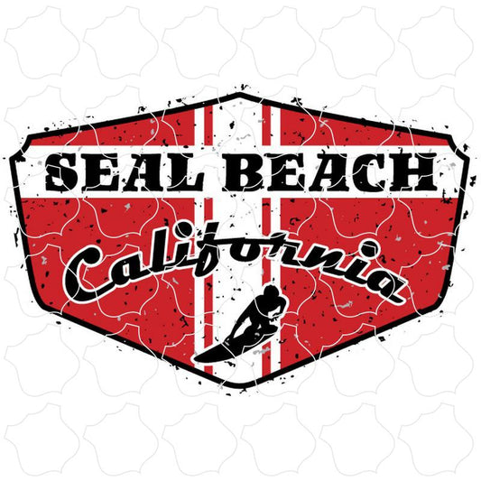 Red Distressed Surfer Shield Seal Beach, CA Red Distressed Surfer Shield