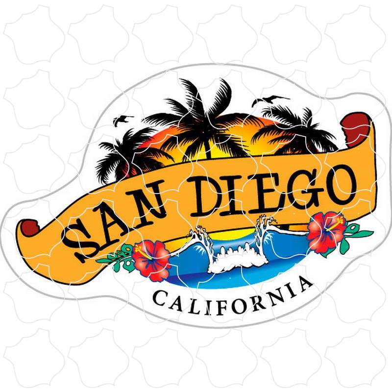 San Diego, California Wave and Palm Trees Scroll Banner