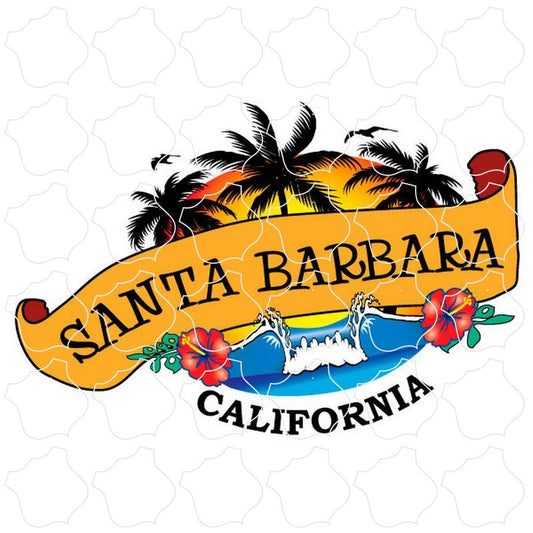 Santa Barbara, CA Wave & Palm Trees Scroll Banner