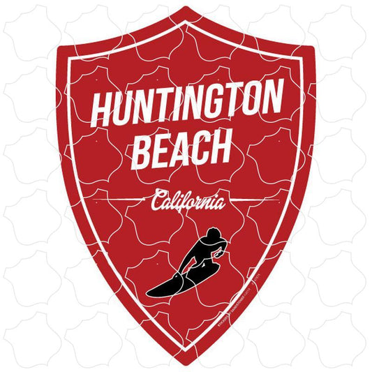 Huntington Beach, CA Red Shield With Surfer Vertical