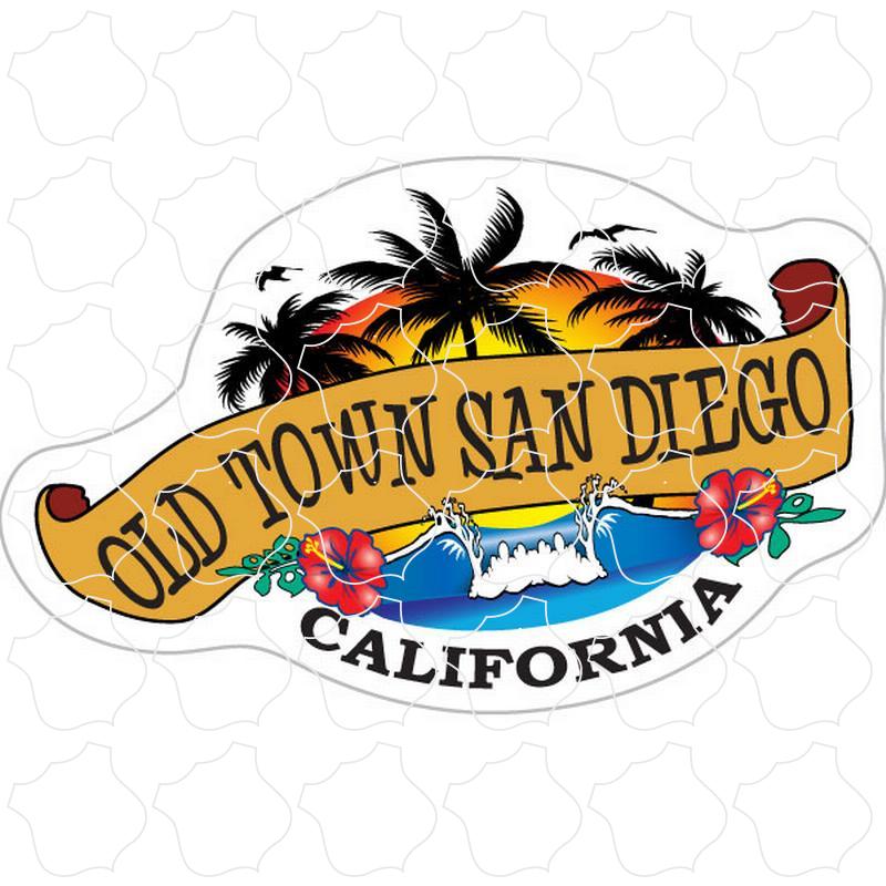 Old Town San Diego, California Wave and Palm Trees Scroll Banner