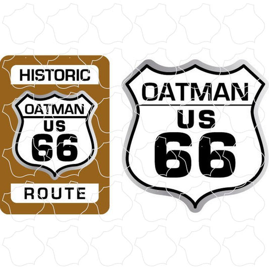 Oatman, AZ Historic Brown Sign & Black White Shield 2 UP Sticker Sheet