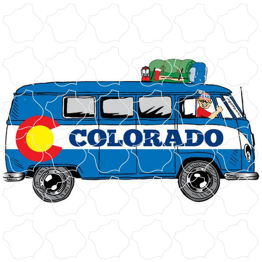 CO Flag Bus Camp Colorado Flag Bus Side View with Camping Gear