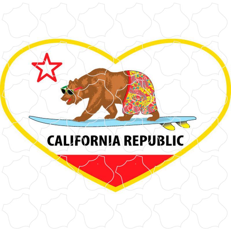 California Republic Heart Flag Surfing Bear