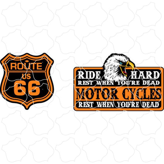 Route 66 Black & Orange Shield & Ride Hard Sign 2 Up Sticker Sheet