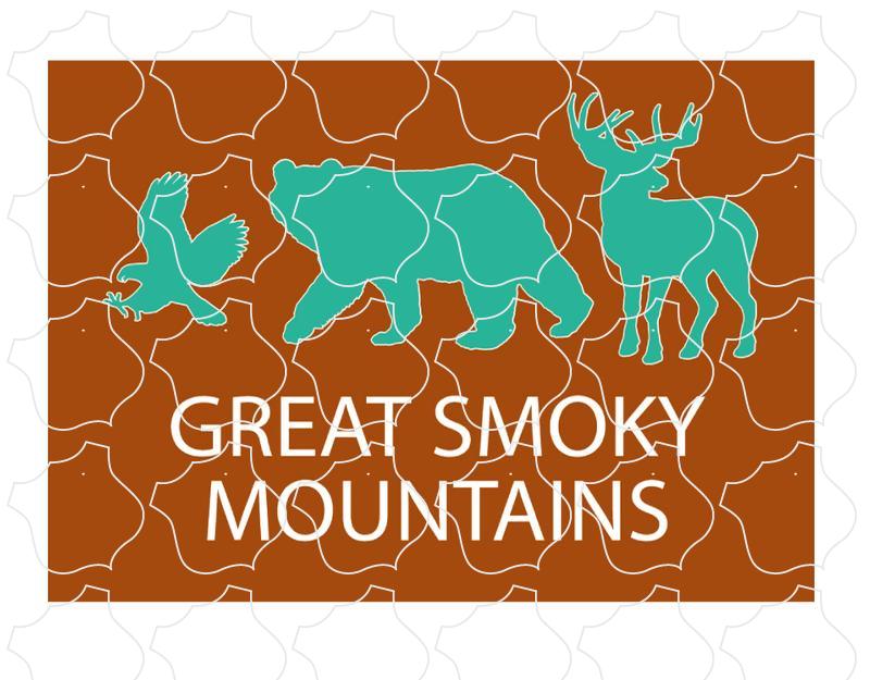 Great Smoky Mountains Eagle Bear Deer Turquoise Silhouettes on Brown Background