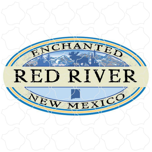 Red River, New Mexico Moose Scene Blue Oval Slogan Enchanted Circle