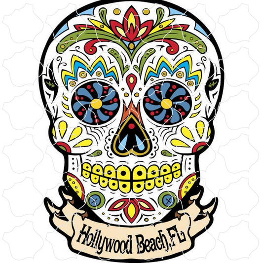 Hollywood Beach, FL White Banner Sugar Skull