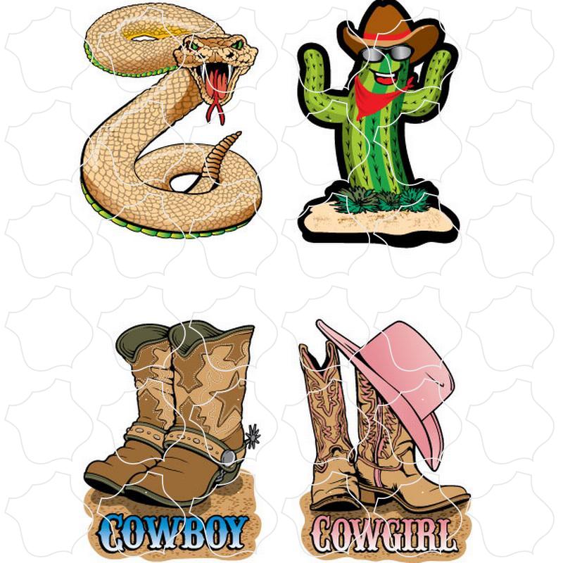 Assorted Western Cowboy and Cowgirl Boots, Happy Cactus, and Rattlesnake 4 Up Sticker Sheet