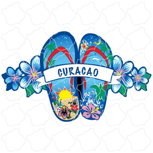 Curacao Blue Flip Flops With Flowers