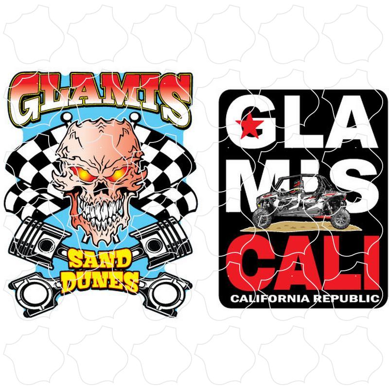 Glamis Sand Dunes Checkered Flag Skull & Quad California Republic 2 Up Sticker Sheet