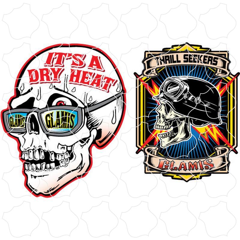 Glamis 2 Up Sticker Sheet - "It's a Dry Heat" Skull & "Thrill Seeker" Helmet & Lightning Bolt