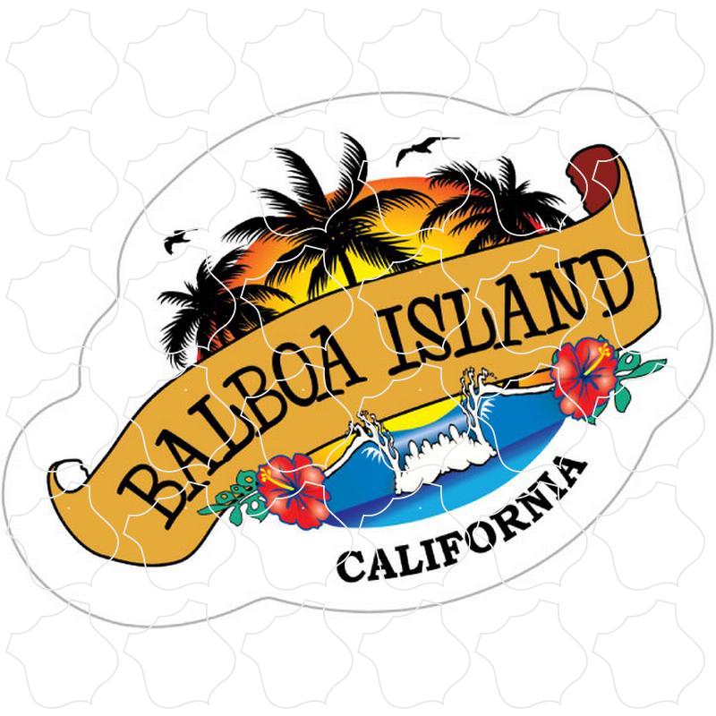 Balboa Island, CA Wave & Palm Trees Scroll Banner