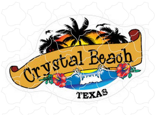 Crystal Beach, TX Wave & Palm Trees Scroll Banner