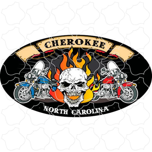 Cherokee, North Carolina Skull Flames Motorcycle Oval