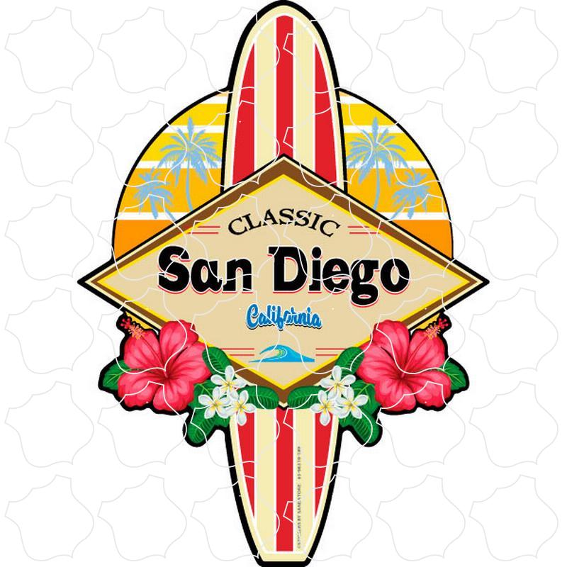 San Diego, CA Retro Floral Surfboard Vertical