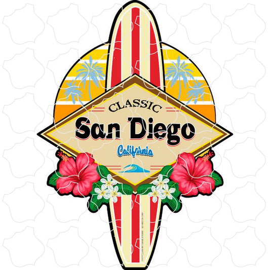 San Diego, CA Retro Floral Surfboard Vertical