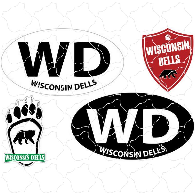 Wisconsin Dells, WI 2 Ovals, Shield, & Paw Print 4 Up Sticker Sheet