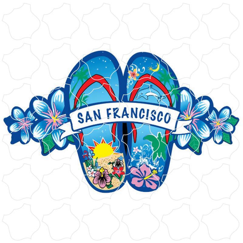 San Francisco, CA Blue Flowers Flip Flops