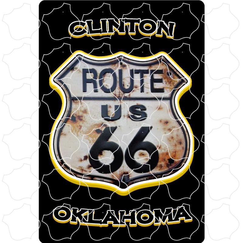 Clinton Oklahoma Gold Text Rusty Route 66 Shield