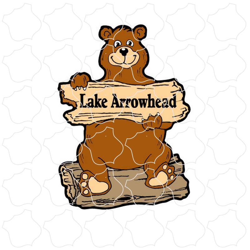 Lake Arrowhead, California Log Bear Holding Sign