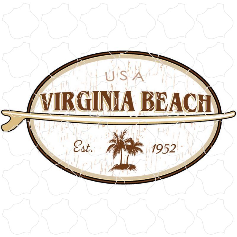 Virginia Beach, Virginia Coastal Wood Grain Oval with Surfboard