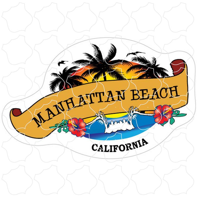 Manhattan Beach, California Wave and Palm Trees Scroll Banner