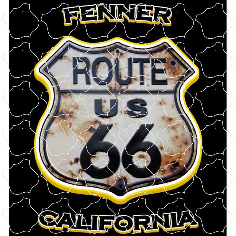 Fenner, California Gold Text Rusty Route 66 Shield