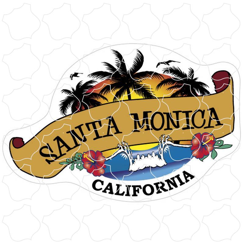 Santa Monica, California Wave & Palm Trees Scroll Banner