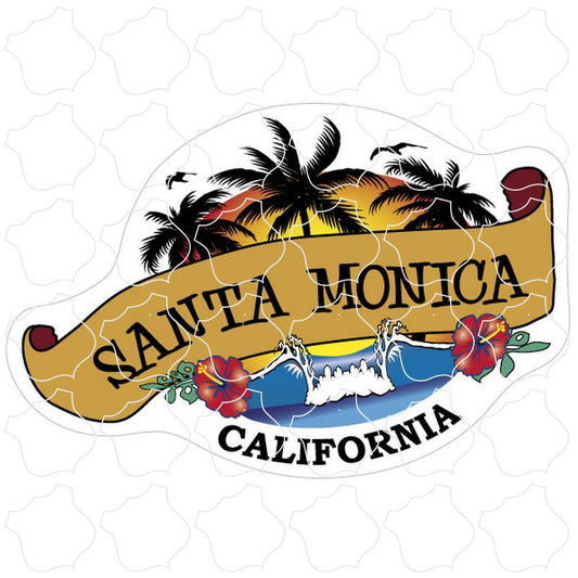 Santa Monica, California Wave & Palm Trees Scroll Banner